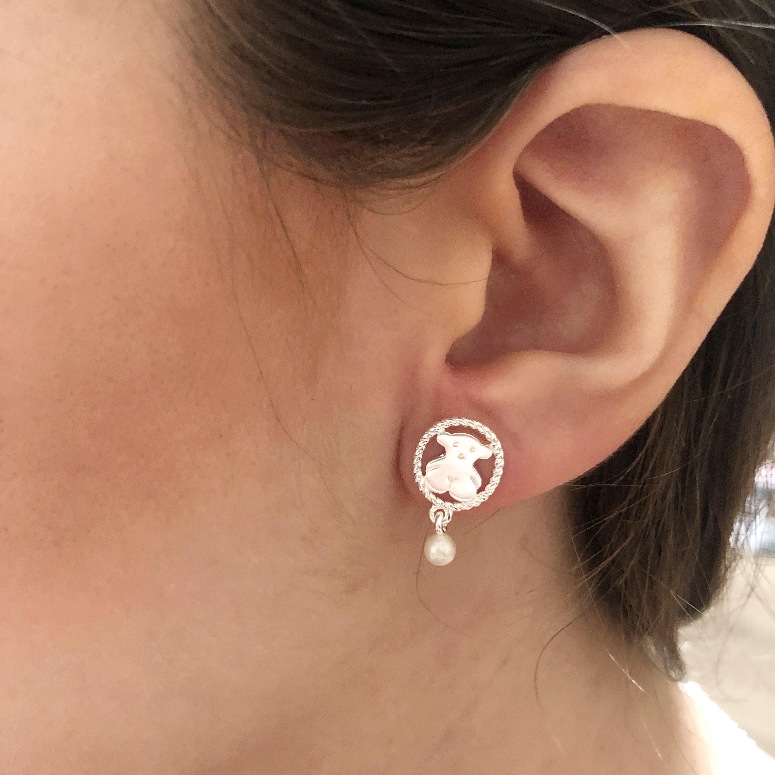 欧洲轻奢潮牌tous桃丝熊简约圆环镂空小熊珍珠耳钉