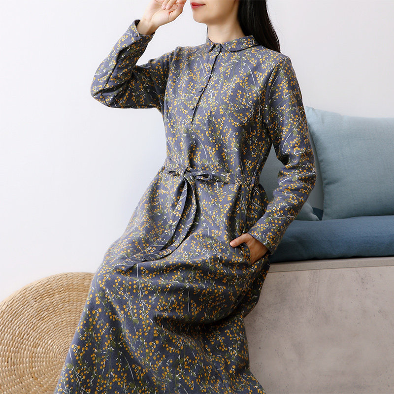 花色小翻领长袖棉麻连衣裙女中长款宽松高腰系绳复古长裙春季