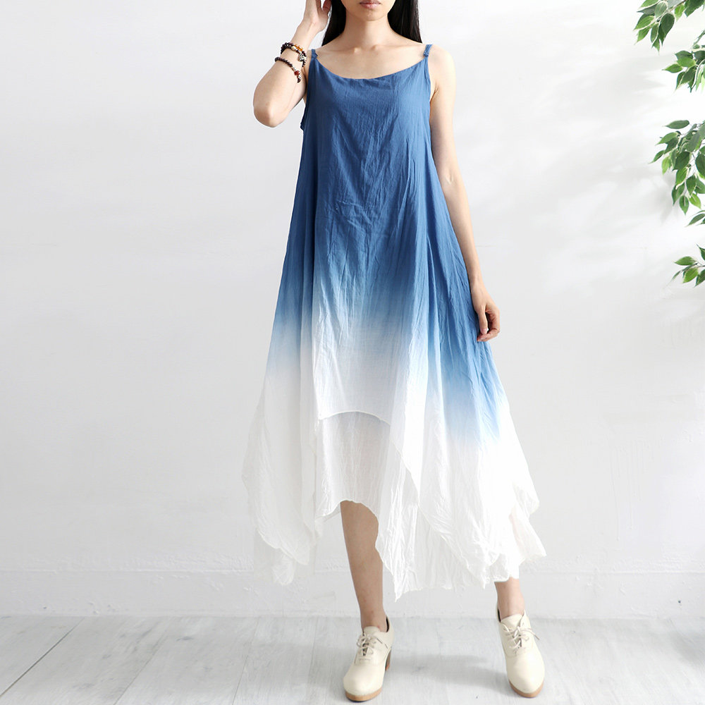 扎染渐变色白色很仙的吊带裙女夏季中长款红色棉麻连衣裙宽松文艺