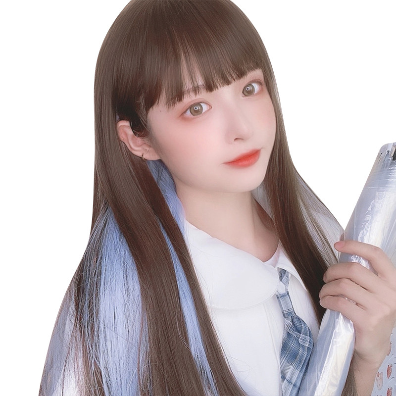 假发天蓝色挂耳女齐刘海长直jk少女日系lolita整顶假发