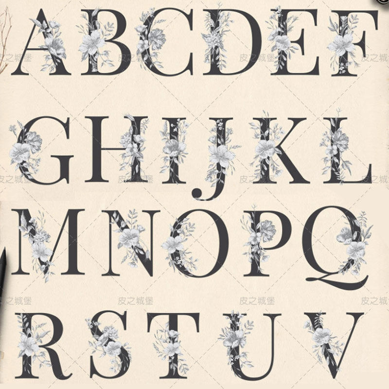 30款欧式英文字母花卉矢量复古手绘花绘花朵设计素材
