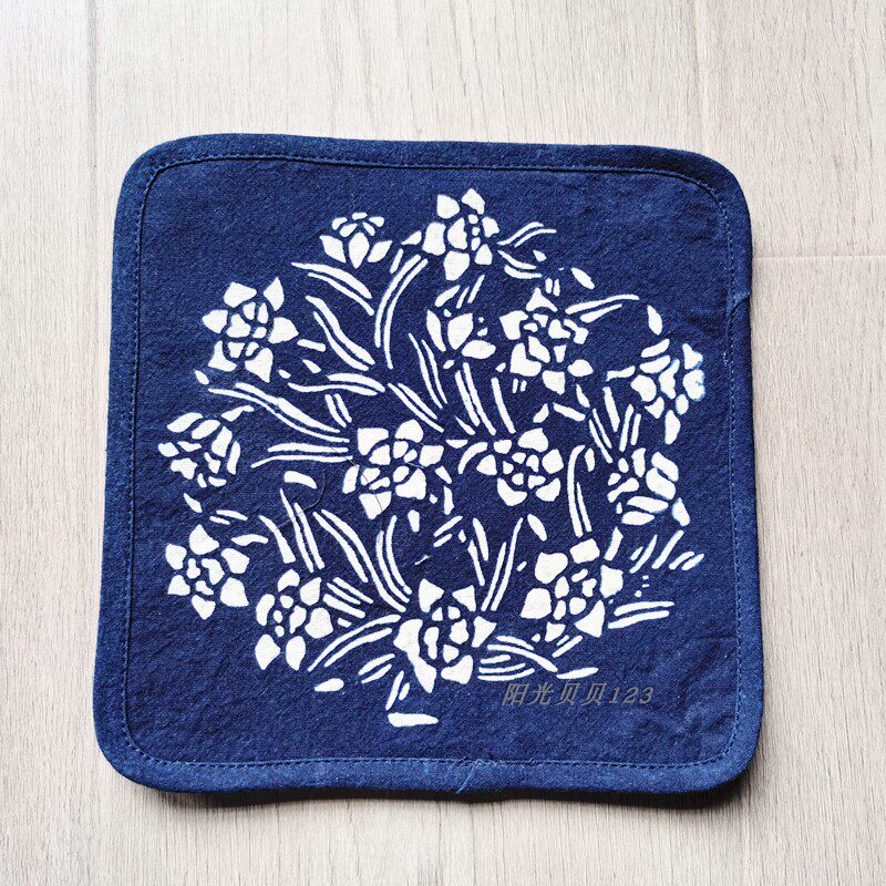 乌镇特色手工蓝印印花布餐桌方型垫全棉印花烘培文化创意杯垫