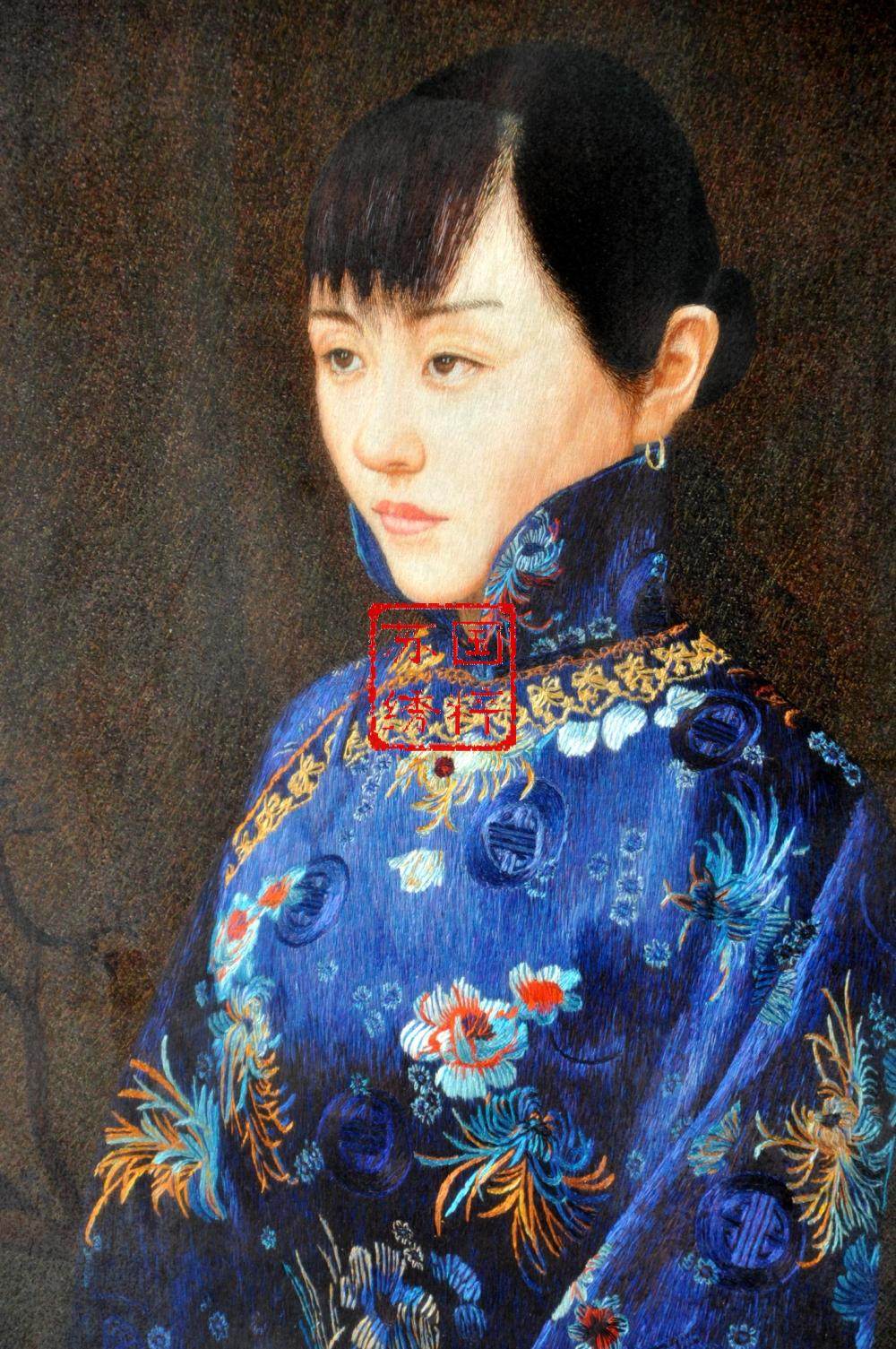 苏绣园手工苏绣蓝衣少女蓝衣少女苏州乱针刺绣代表作苏绣