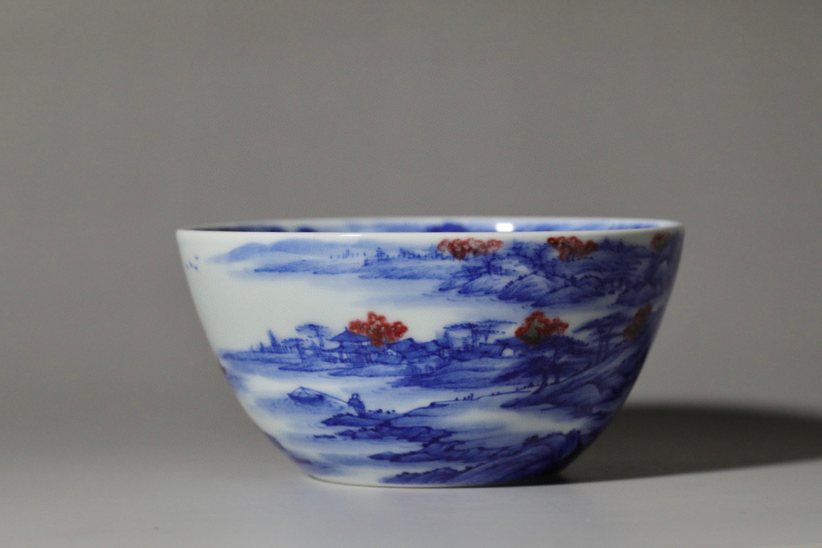 余寅窑青花釉里红山山水秋山山行旅图卧足品茶茶杯