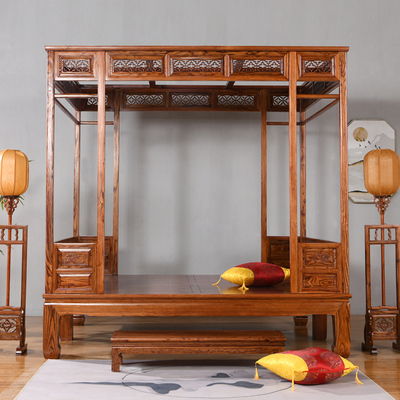 新中式红木实木明清仿古南榆木雕花月洞床架子床拔步踏步床双人床