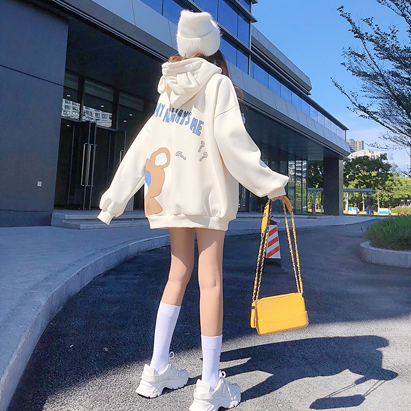 奶油杏色加绒卫衣女2022新款春韩版宽松bf慵懒风连帽猫耳朵小个子