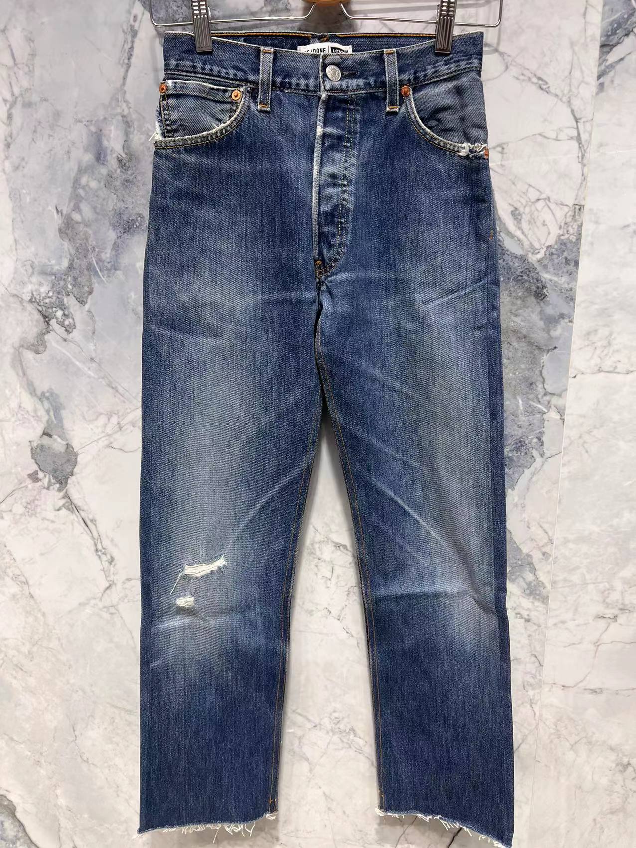 国内现货美国redone刘雯同蓝色毛边九分瘦版牛仔裤