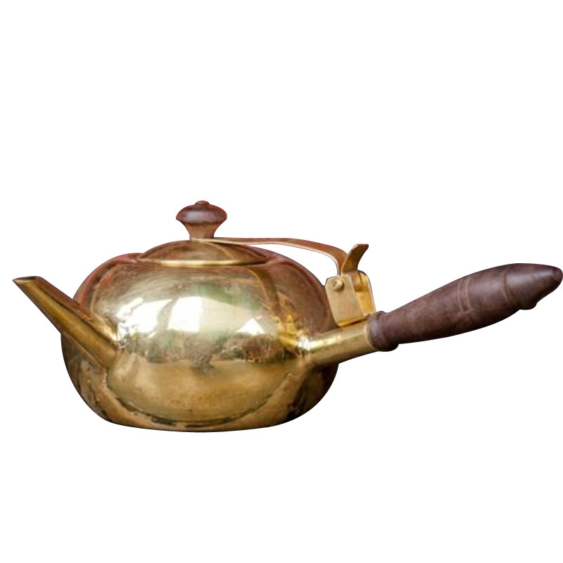 潮州手打铜砂铫功夫茶壶手工煮水养生侧把黄铜壶小号素面木把手