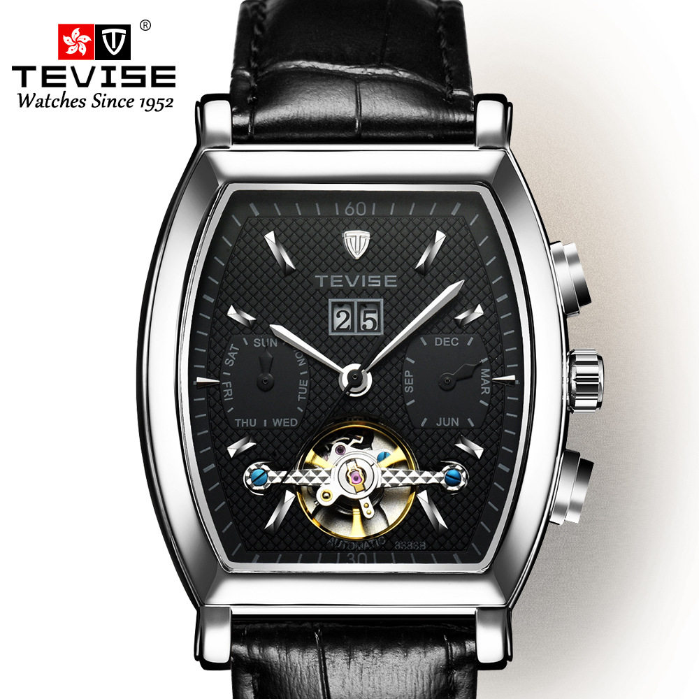 瑞士tevise特威斯飞轮手表多功能酒桶防水全自动机械表国产腕表