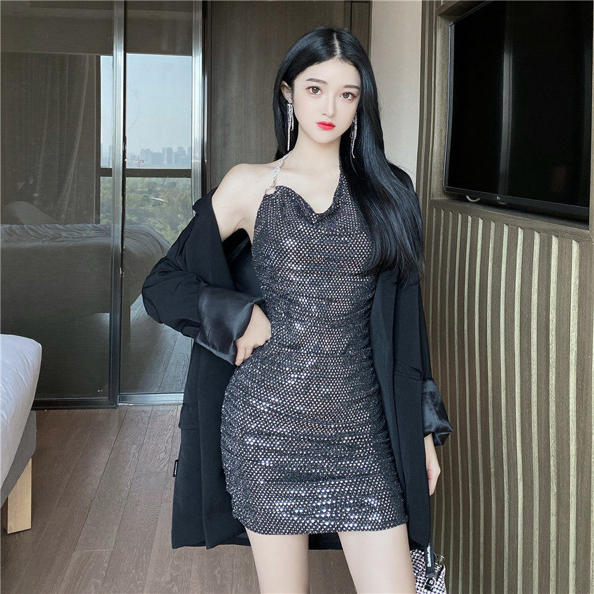 车模香槟女孩夜场气氛工装夜总会佳丽裙堆堆领挂连衣裙