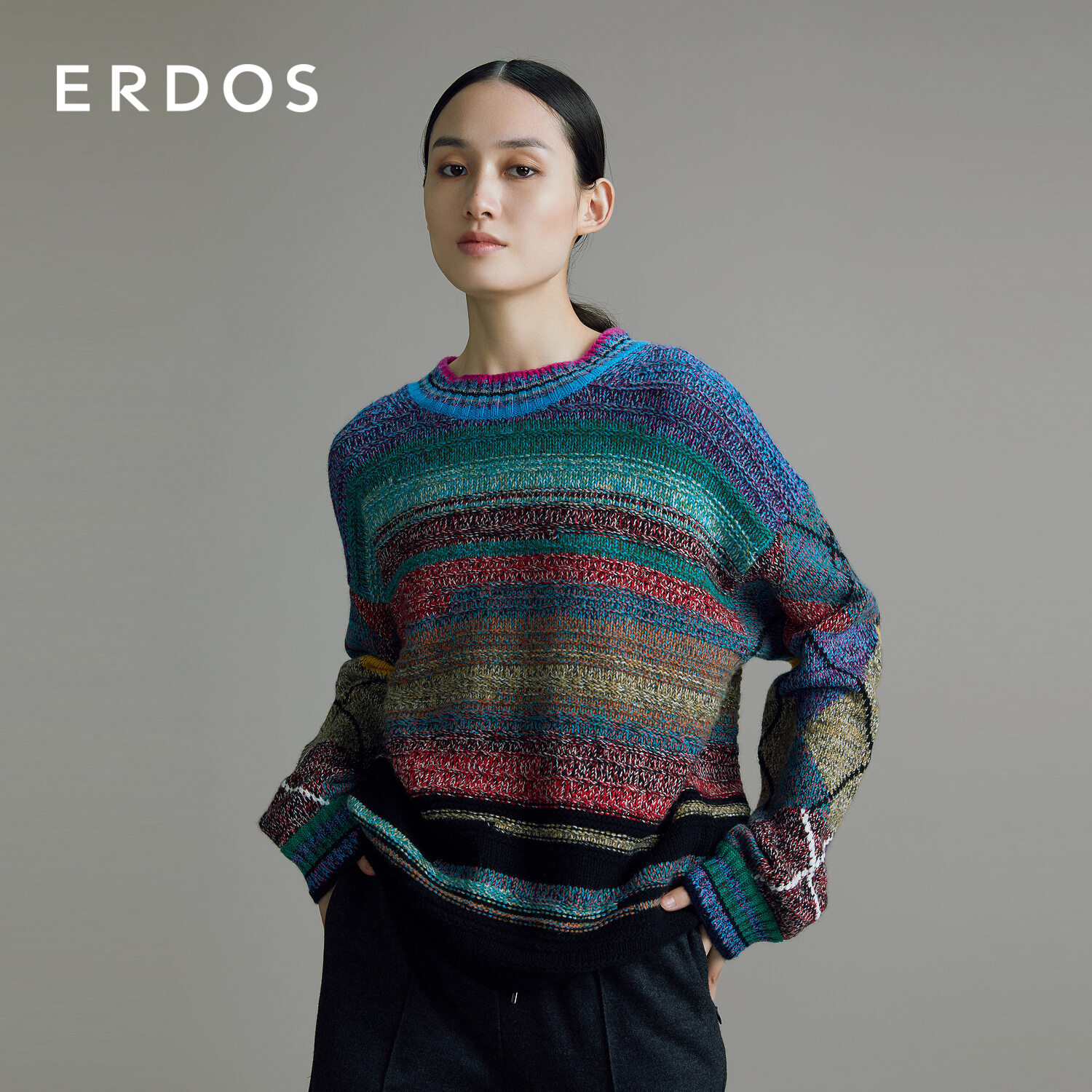 反季特惠erdos圆领多彩条纹提花羊绒衫落肩羊毛毛针织衫
