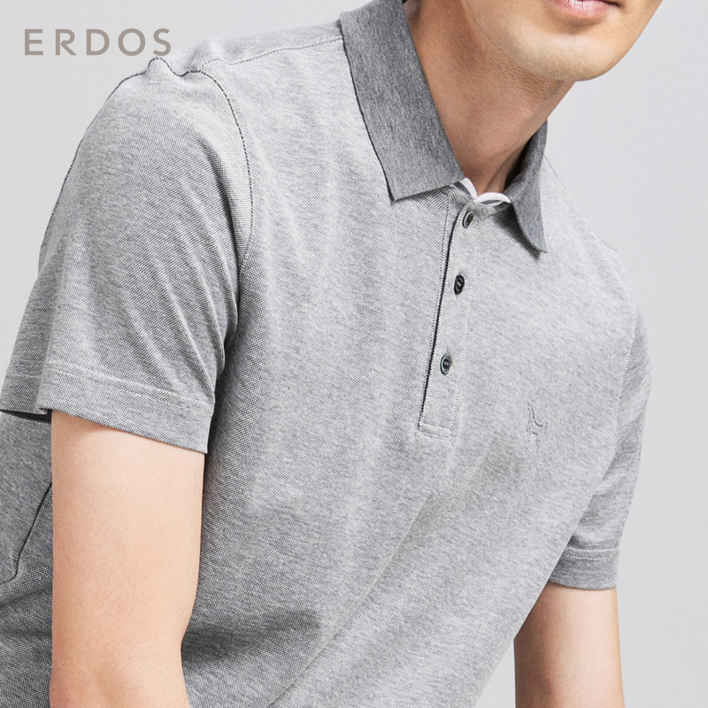 erdos 罗纹翻领logo绣花棉麻短袖男polo衫下摆拼接百搭t恤男