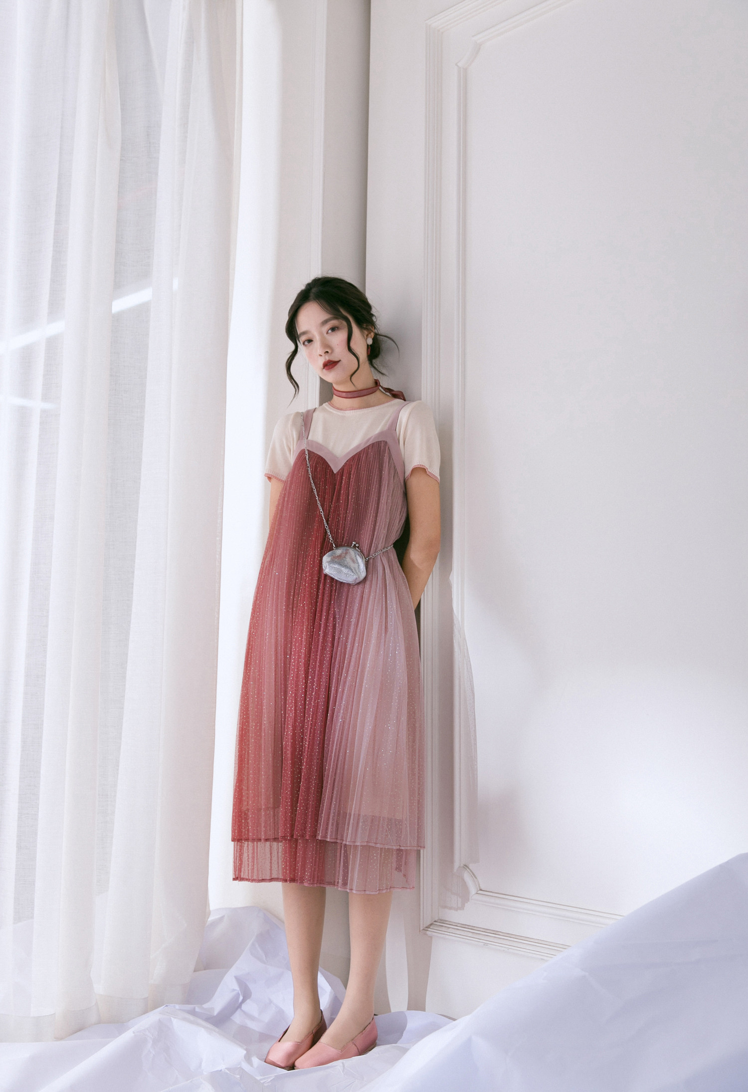 cotre 独立设计 人鱼姬色 烫金细褶网纱渐变吊带纱裙春夏