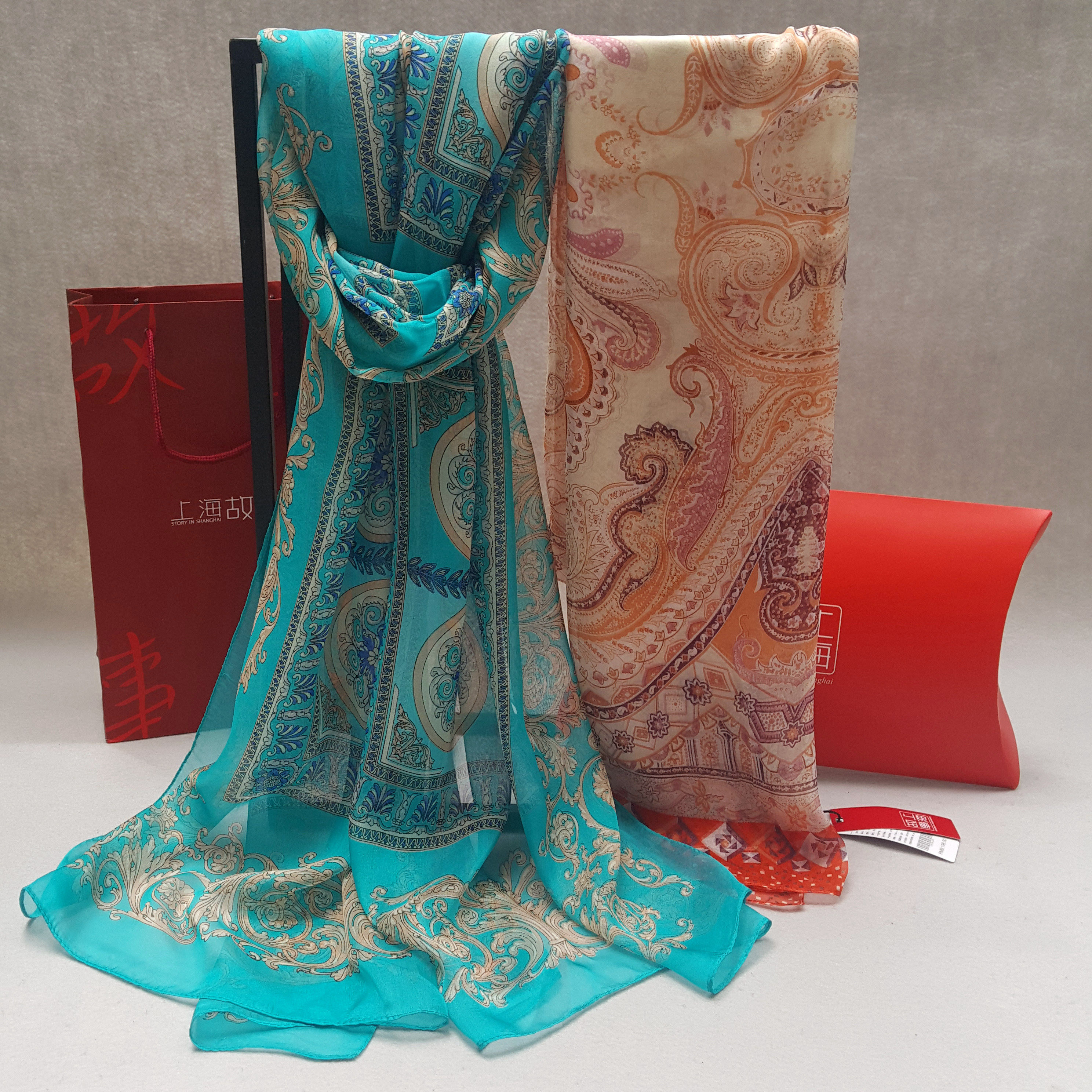 包邮上海故事桑蚕蚕丝春秋长款真丝丝巾杭州丝绸围巾