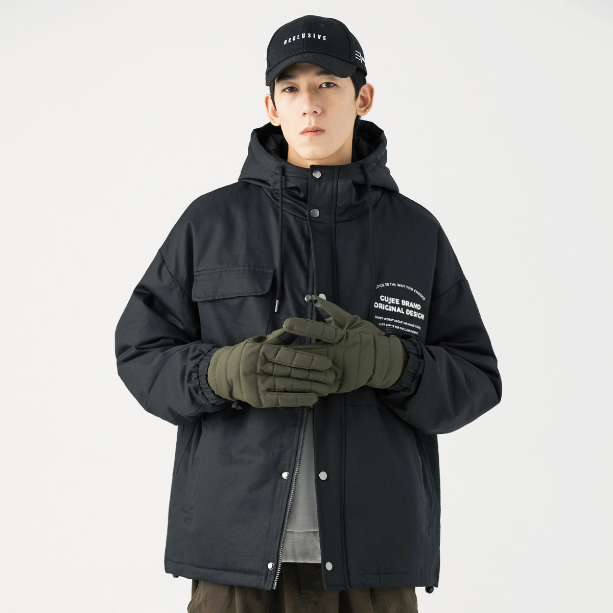 gboy棉衣男冬季加厚日系复古拼色连帽棉服休闲百搭保暖棉袄外套男