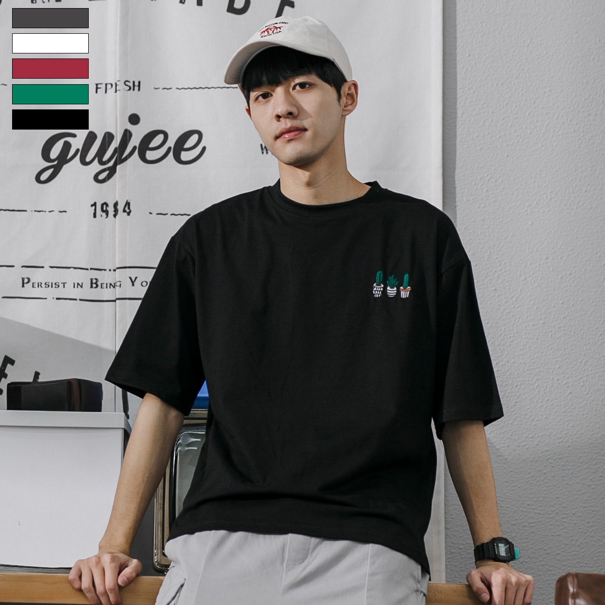 GBOY夏季小清新刺绣T恤男短袖日系简约棉质纯色打底衫青年休闲短T