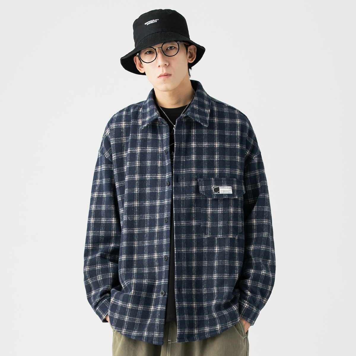 GBOY秋季日系复古格子衬衫男长袖休闲百搭寸衣韩版潮流帅气衬衣男