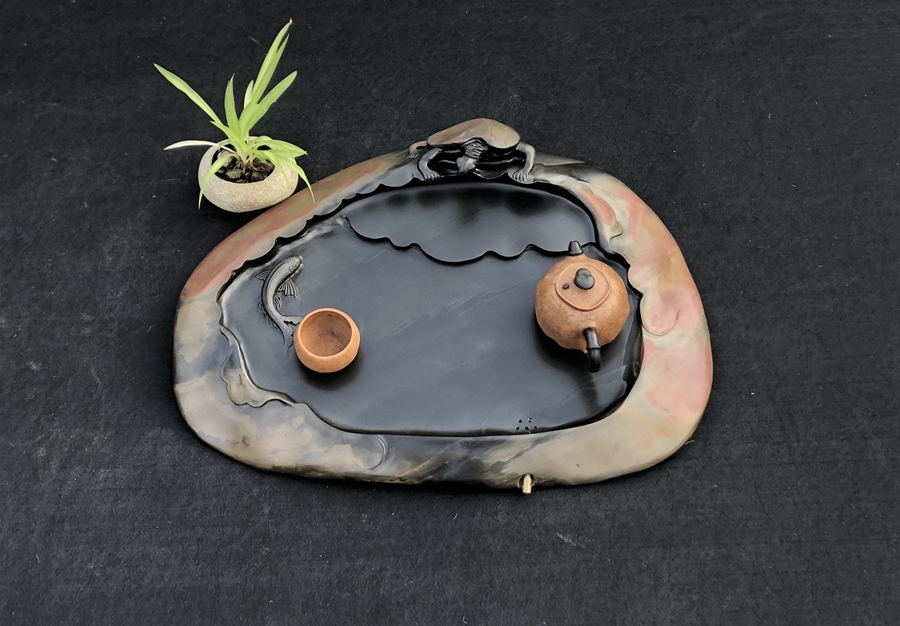 石新中式艺术茶盘歙砚石头茶海鱼子金皮金田园茶盘