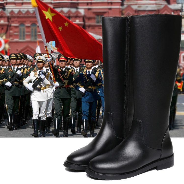 男士高筒马靴冬季加绒长筒牛皮皮靴仪仗队阅兵时装靴