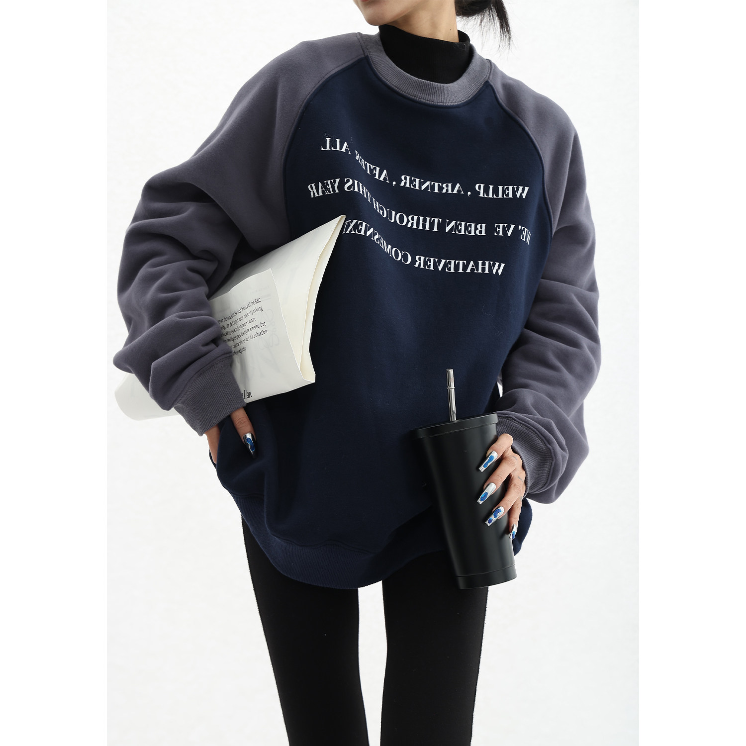 acestudios加绒插肩袖套套头卫衣女2022秋冬新款宽松卫衣