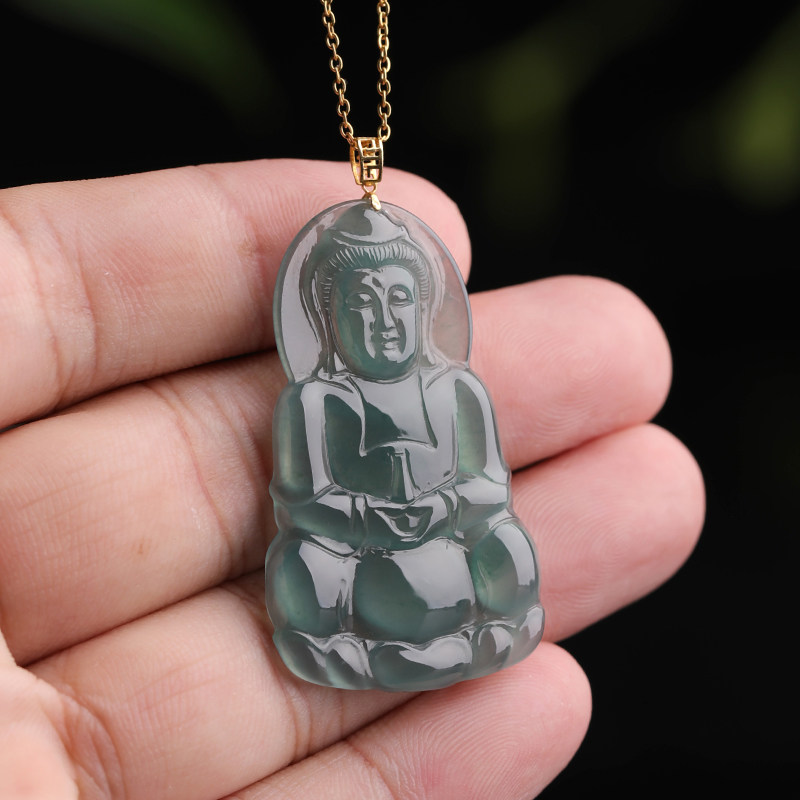 观音祥祯蓝水扣头金扣头18k挂坠正庄吊坠翡翠颈饰