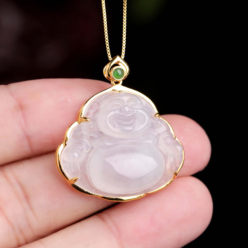 祥祯福笑口常开天然翡翠吊坠女玉佛白冰笑佛挂坠18k金镶玉坠