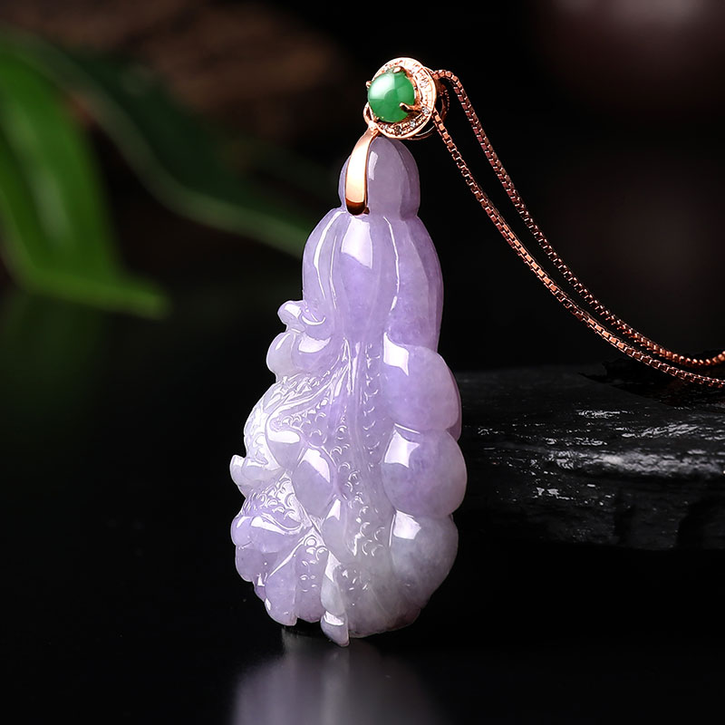 吊坠祥祯百财天然翡翠糯种紫罗兰白菜18k镶嵌孤品颈饰
