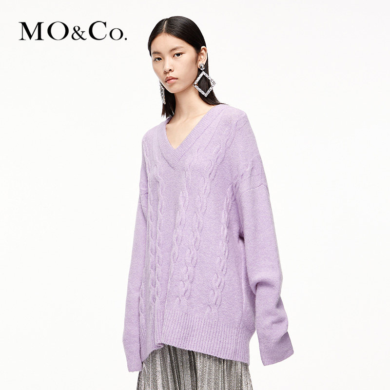 moco春秋秋季新品质感绞花领扭麻花针织衫mbo3swt010毛衣