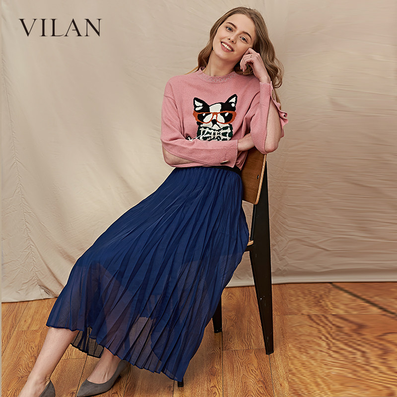 vilan慧兰针织衫2020秋装新款韩版宽松长袖圆领毛针织衫