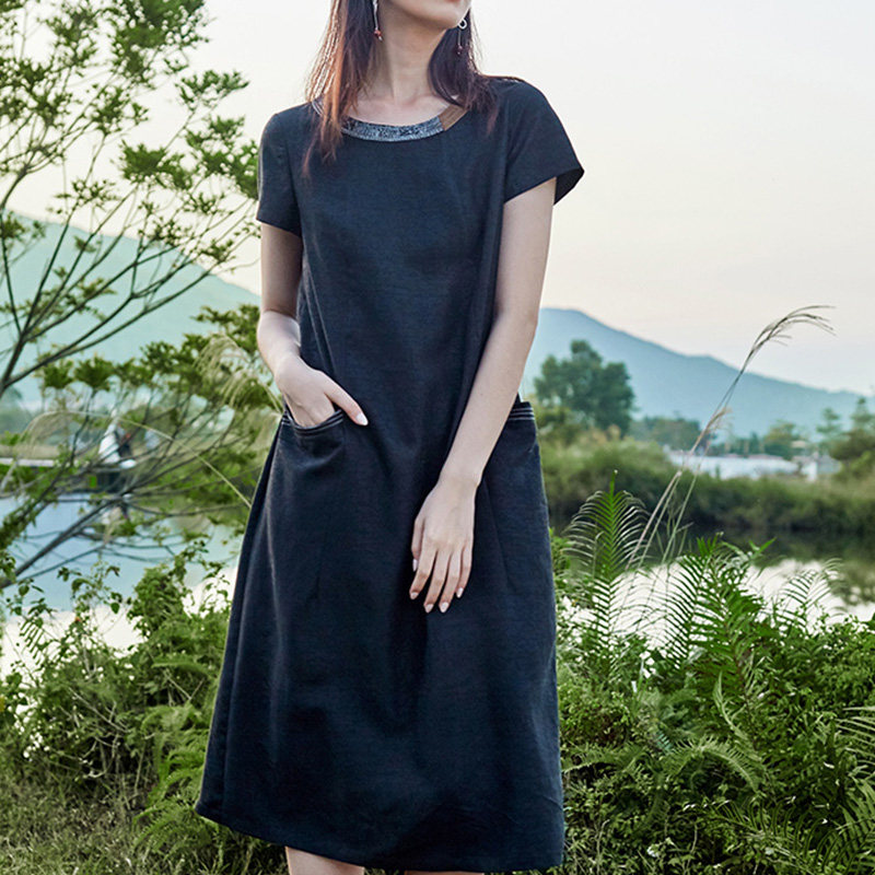 tangy天意莨绸香云纱连衣裙年夏新款高贵刺绣真丝桑蚕丝长裙