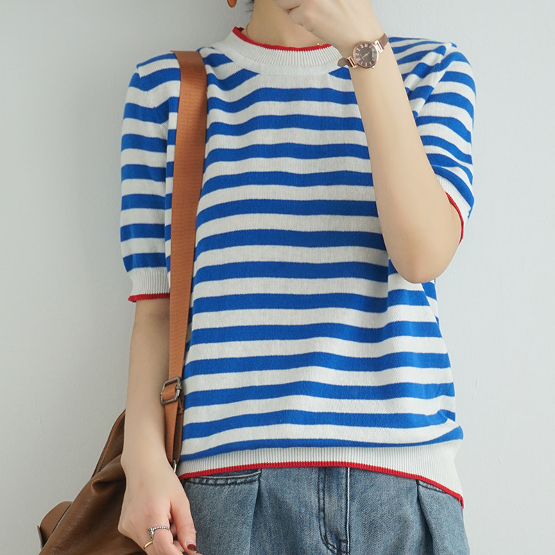 2020春夏新款法式蓝白条纹针织短袖宽松圆领毛针织衫