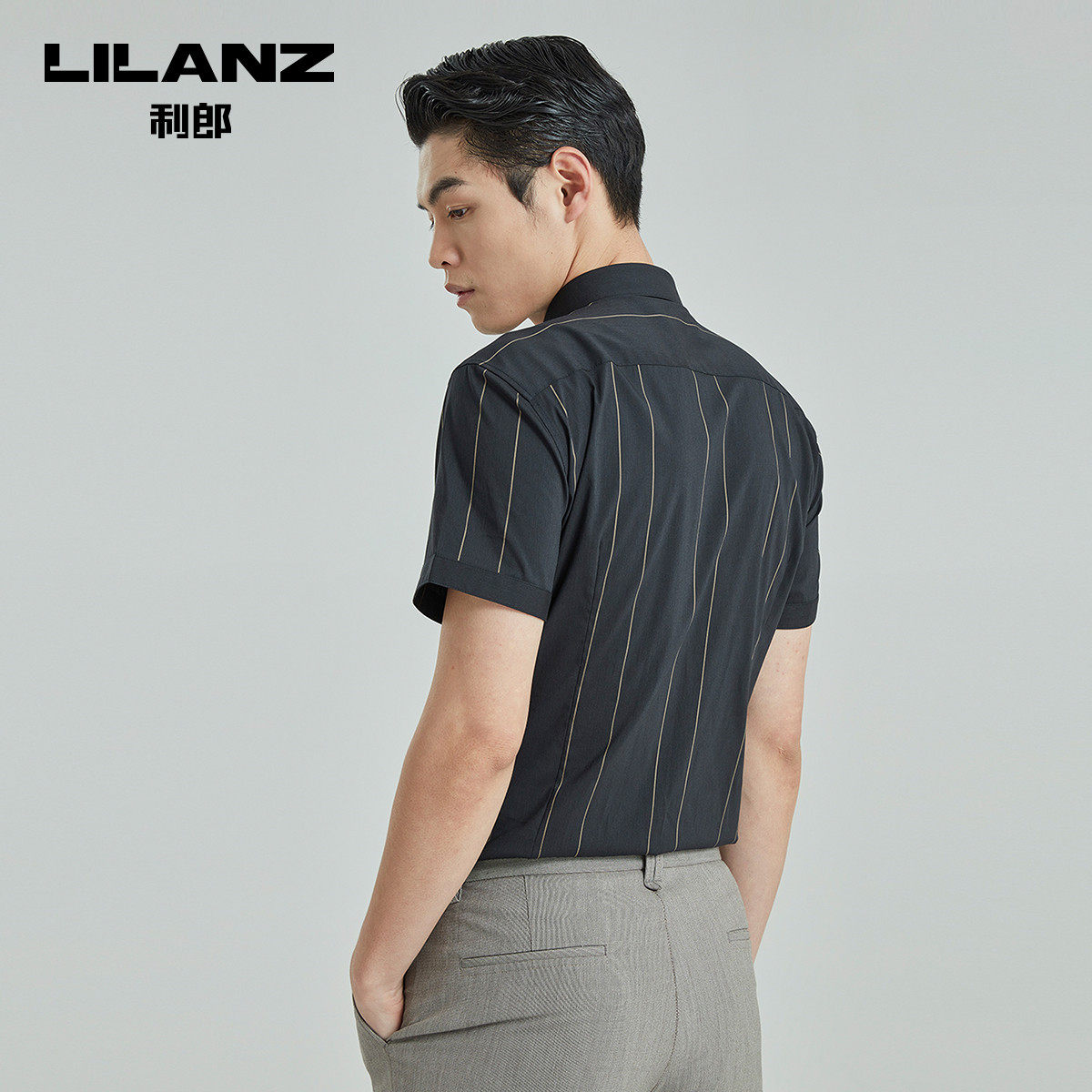桑蚕蚕丝利郎官方短袖衬衫男士潮流休闲条纹衬衫