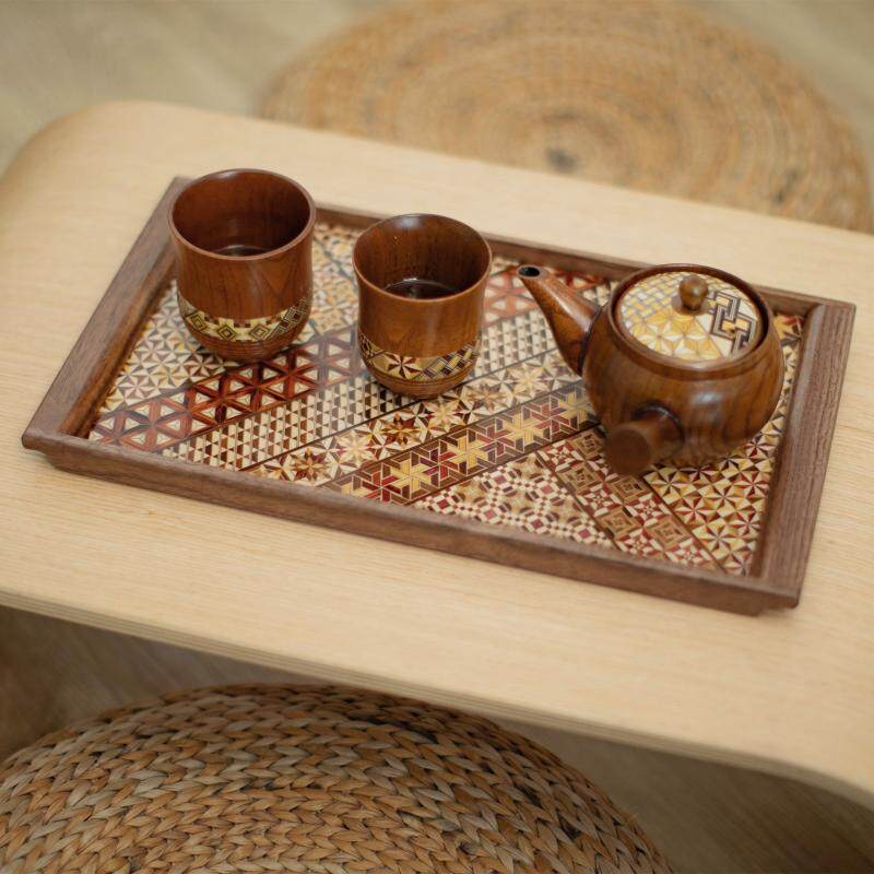 日本箱根寄木细工实木拼花扶手防滑长盘日式茶盘