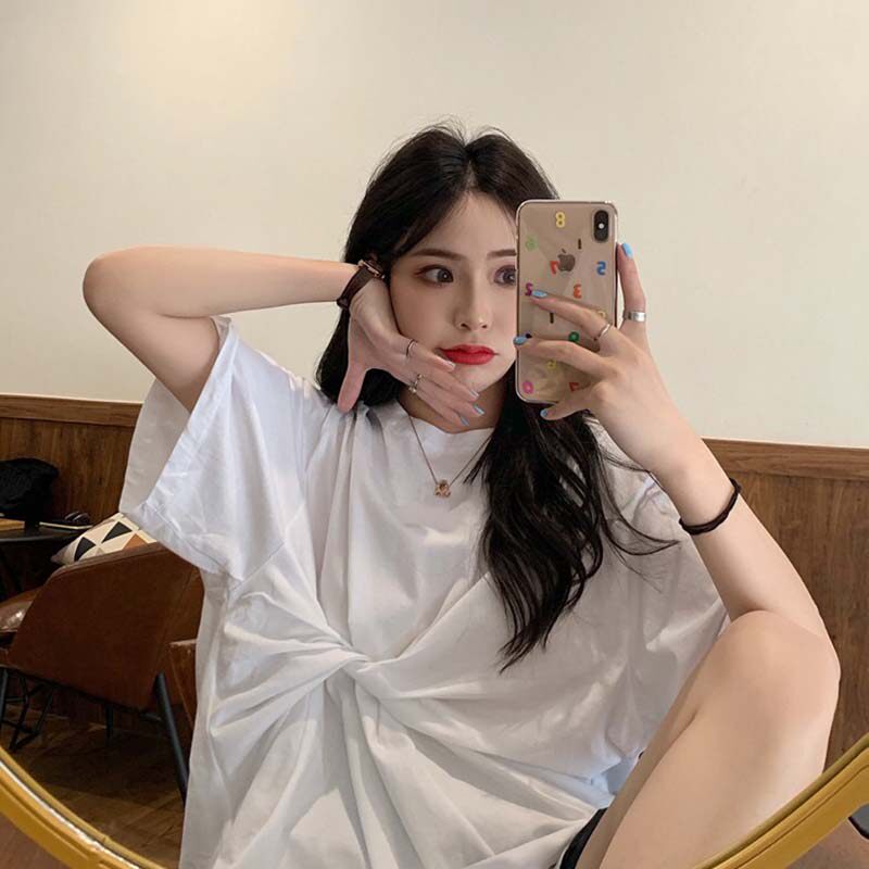 白色t恤女短袖2020年新款韩版宽松中长款网红扭结设计感上衣ins潮