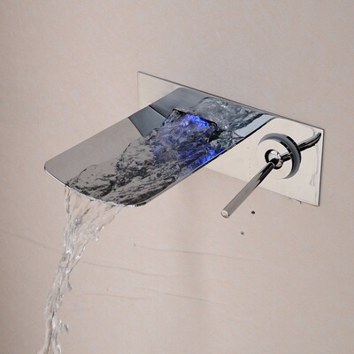 墙出水瀑布水龙头暗装入墙式洗脸洗面盆冷热水龙头可选led发光