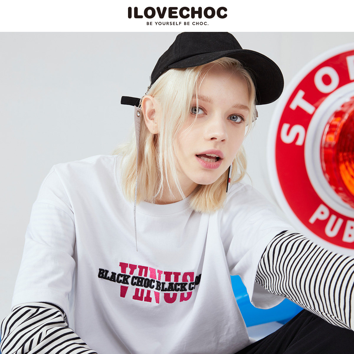 ilovechoc我爱巧克力假两件圆领条纹白色t恤打底衫女春秋纯棉长袖