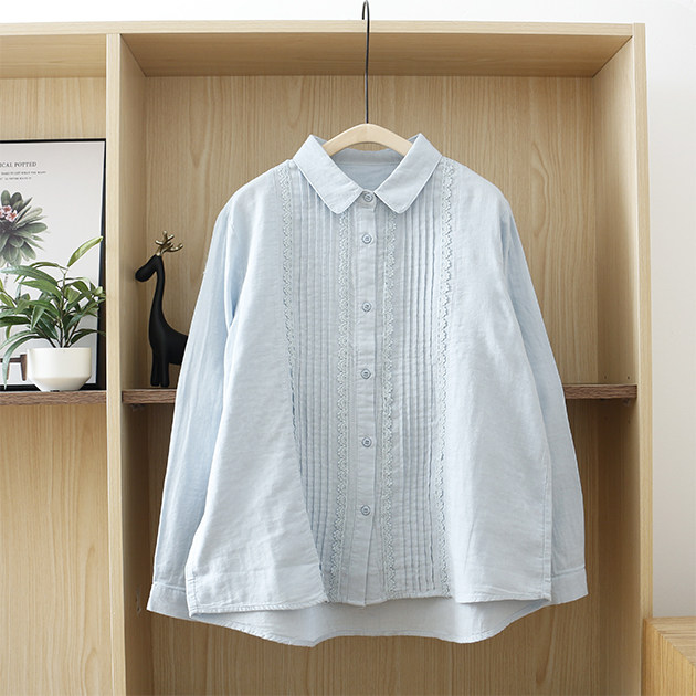 复古文艺尖领拼接蕾丝风琴纯色女衬衣定制双纱衬衫