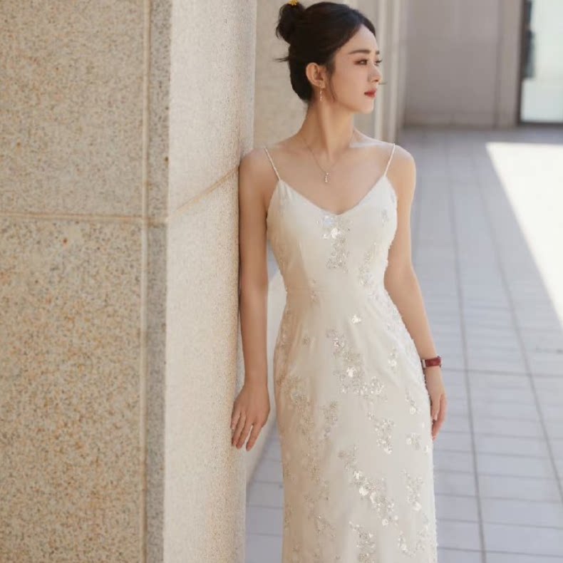 赵丽颖同款 亮片白色晚礼服生日会晚宴高级感名媛吊带连衣裙衣服