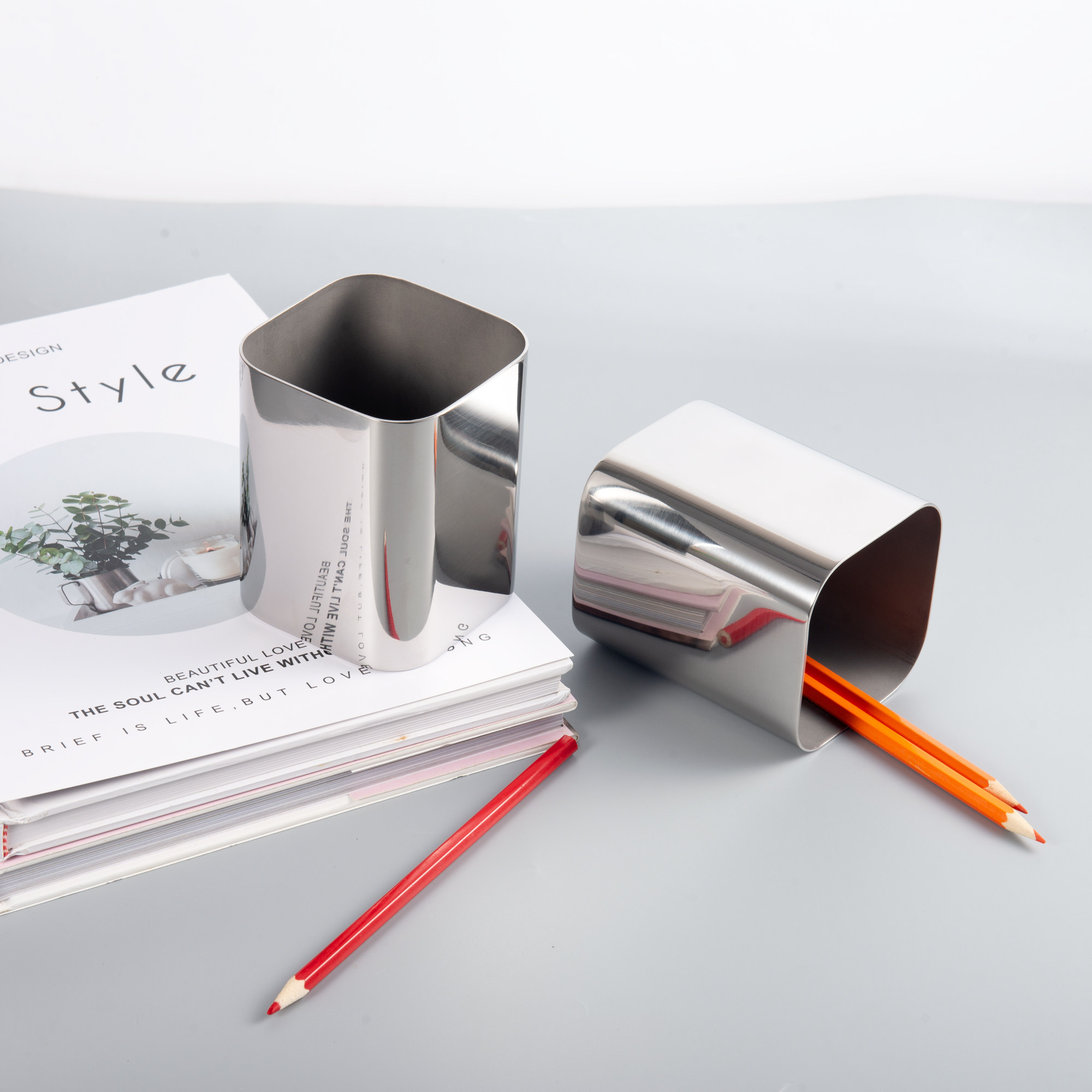 笔筒出口德国加厚不锈钢书案12mm厚方方形磨砂笔筒