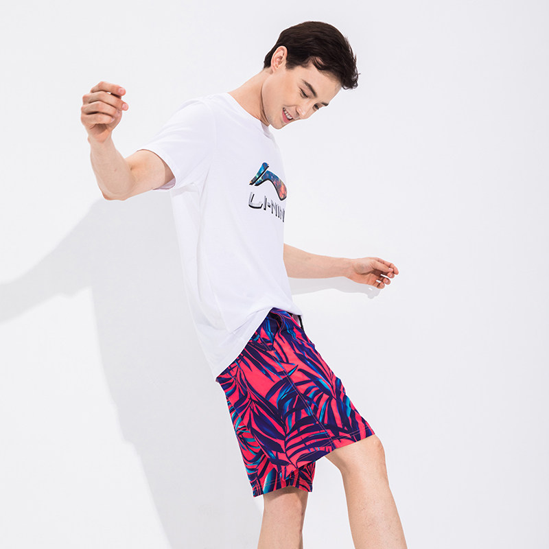 李宁沙滩裤男女情侣夏宽松游泳裤速干五分裤大码海边冲浪休闲短裤