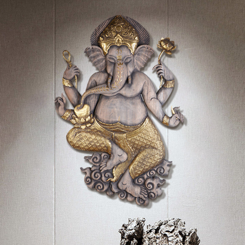 异丽泰国实木雕刻工艺品客厅墙面装饰挂件玄关木雕壁饰象鼻财神