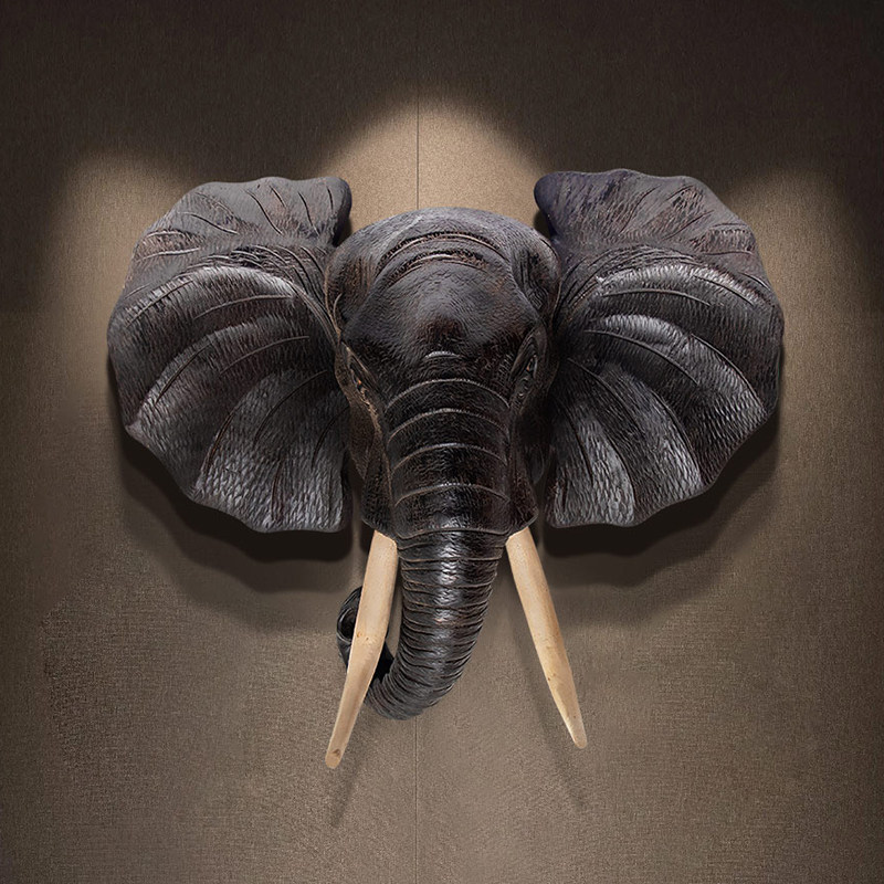 异丽实木象头壁饰东南亚创意家居饰品壁挂装饰客厅壁饰