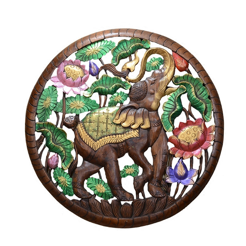 异丽泰国实木雕刻大象圆形雕板东南亚木雕装饰画木雕