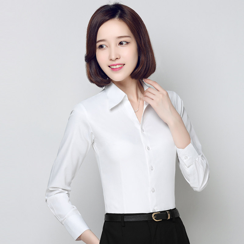 春季白衬衫女长袖职业装工作服正装工装白色衬衣修身v领大码ol