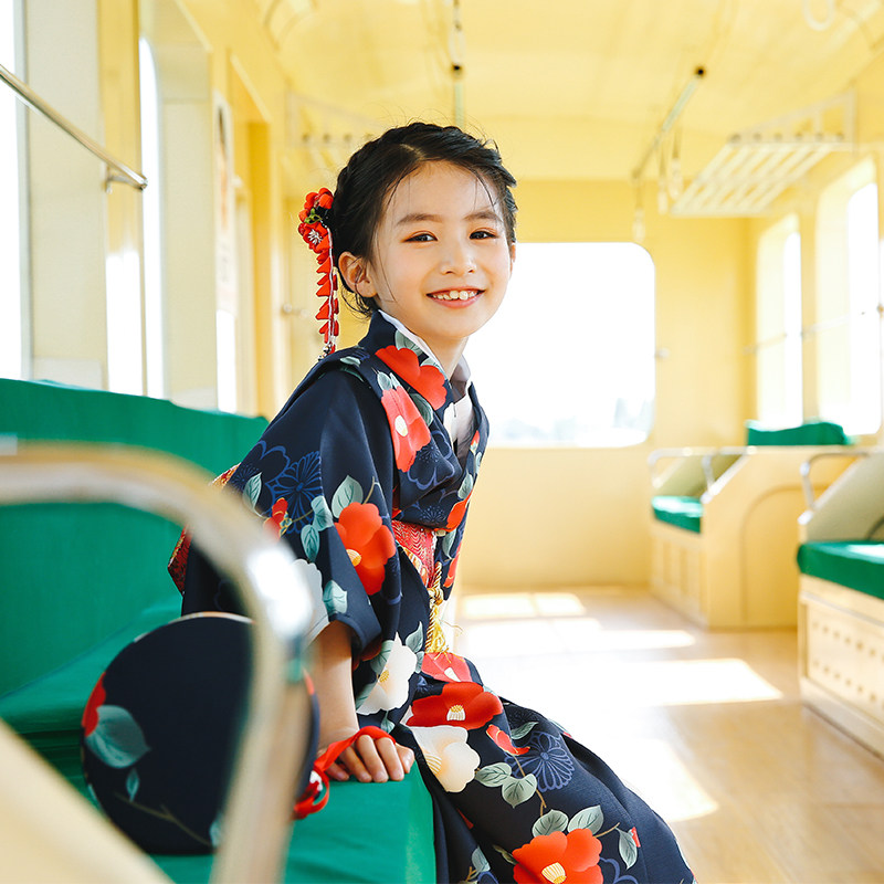 新款桔子点点日本儿童兰山山茶花童装和服日式儿童演出服