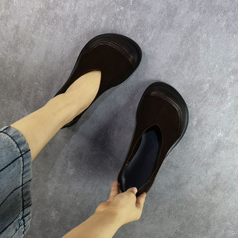 艺鞜2022年春季新款大圆头娃娃拼接复古奶奶鞋浅口平底佛脚单鞋女