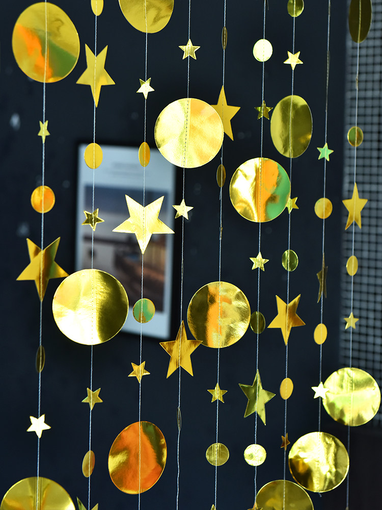 圣诞节新年珠光圆片星星串纸拉花婚庆生日店面悬挂布置幼儿园挂饰