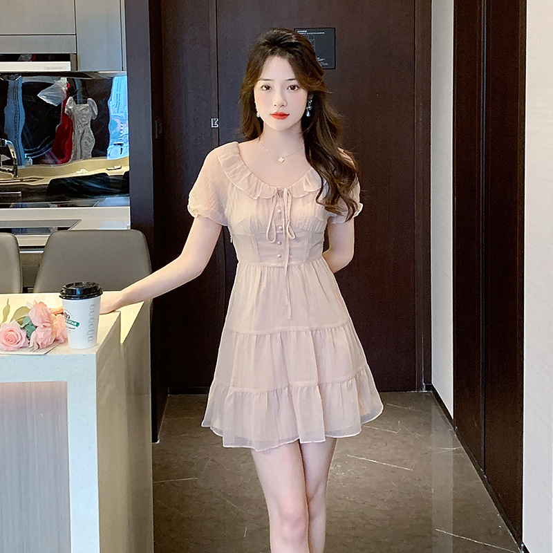 温柔风甜美雪纺连衣裙女夏季别致惊艳法式小个子泡泡袖方领初恋裙
