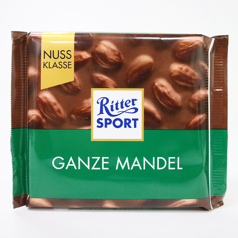德国rittersport瑞特特斯波德ganzemandel扁桃桃仁牛奶黑巧克力
