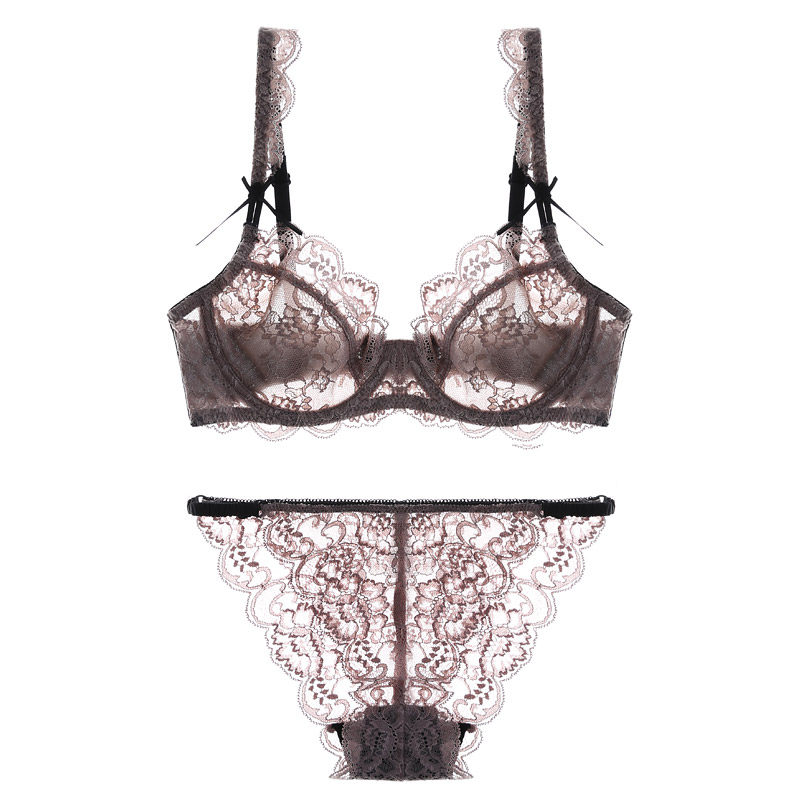欧美透明性感蕾丝超薄文胸套装复古少女小胸透视内衣大胸显小